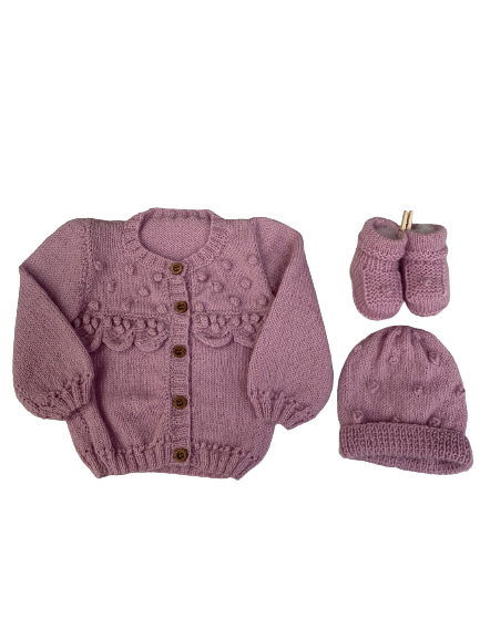 0-6M Lace Edge Cardigan Pink Alpaca Cardigan + Hat + Booties Set | Ida & Ish