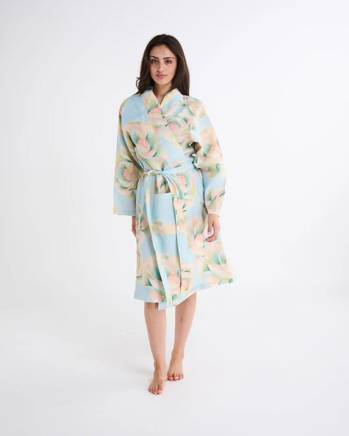 Big Beauty Floral Blue Linen Robe | Kip & Co