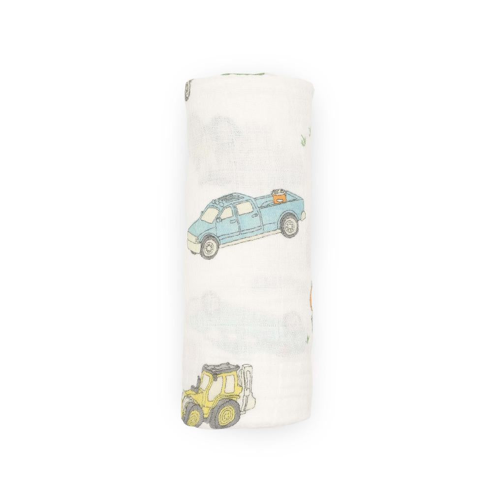 Single Cotton Muslin Swaddle - Work Trucks | Little Unicorn