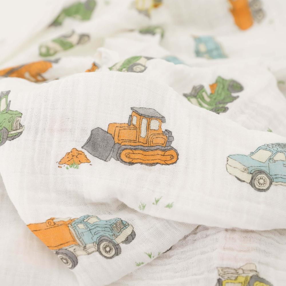 Single Cotton Muslin Swaddle - Work Trucks | Little Unicorn