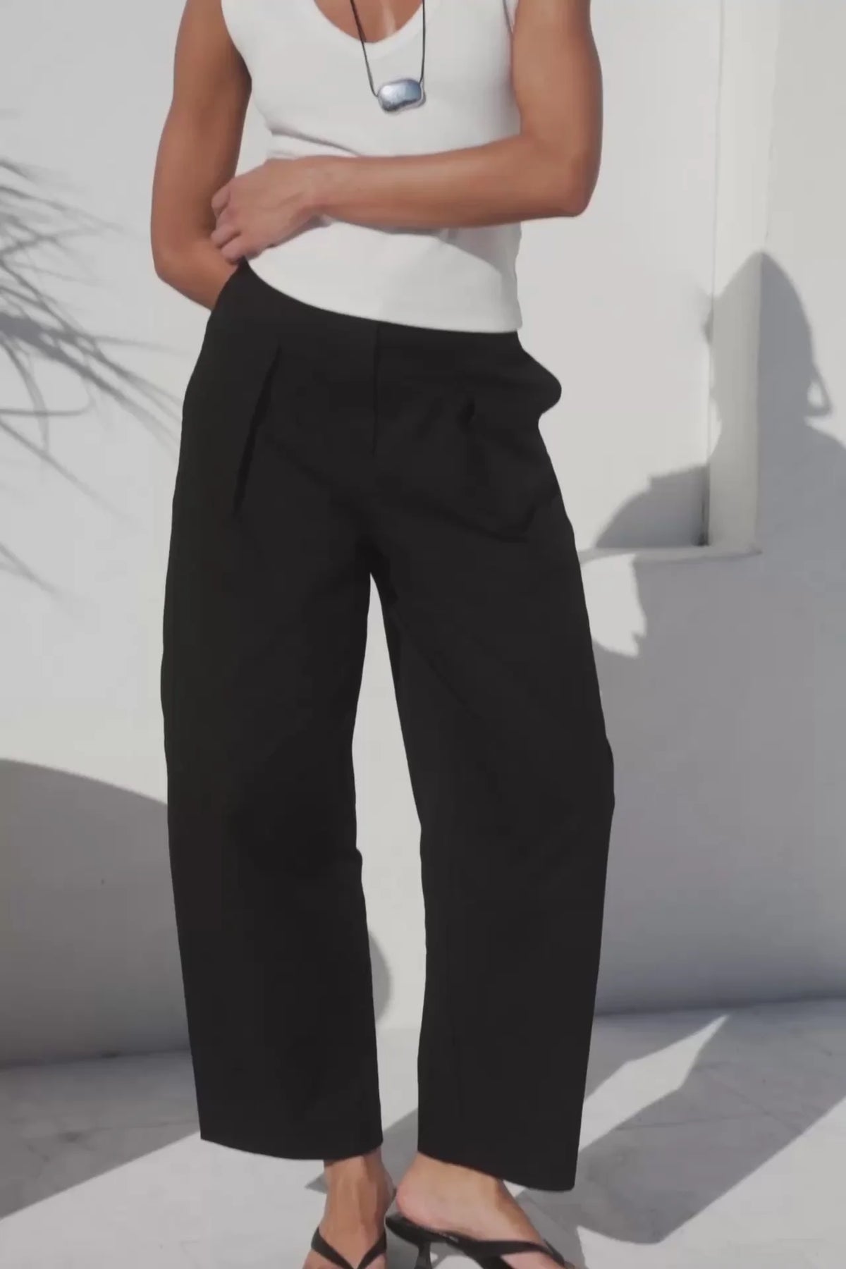Manifesto Black Front Pleat Barrel Leg Pants | Stories Be Told