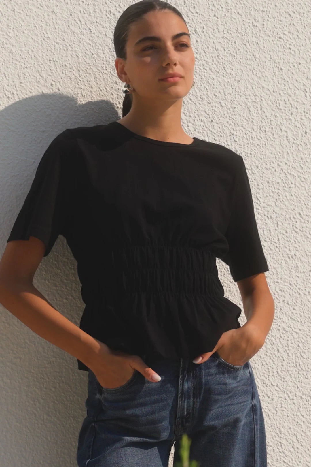 Svelte Black Shirred Detail SS Tee - Black | Among The Brave