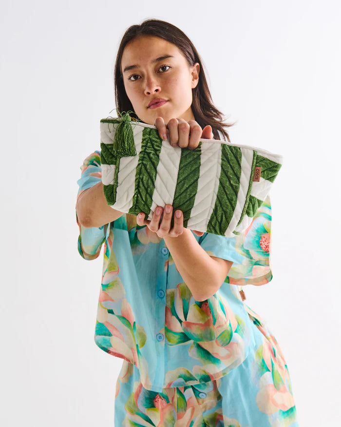 Moss Stripe Velvet Toiletry Bag | Kip & Co