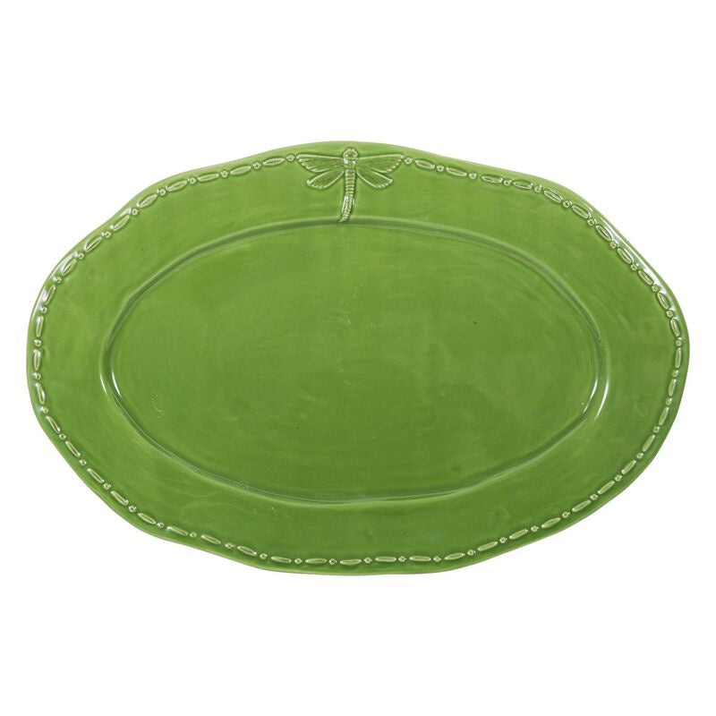 Dragonfly Stoneware Green Oval Platter Large | French Country