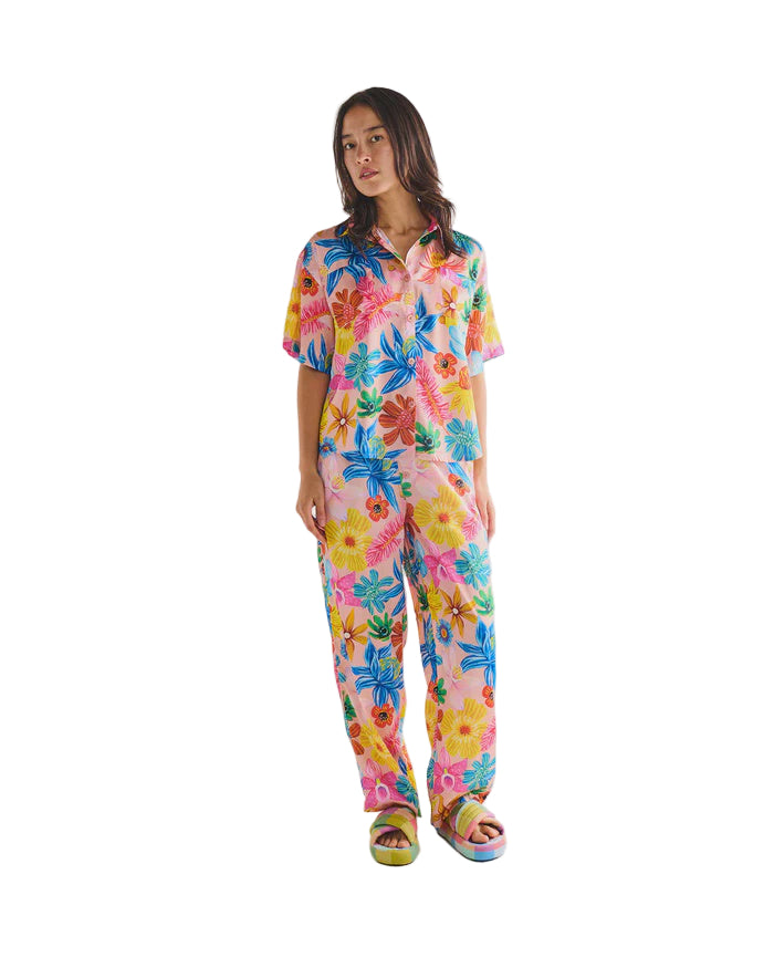 Wild Flowers In Bloom Adult Eco Satin Short Sleeve Shirt & Pant Pyjama Set | Kip & Co