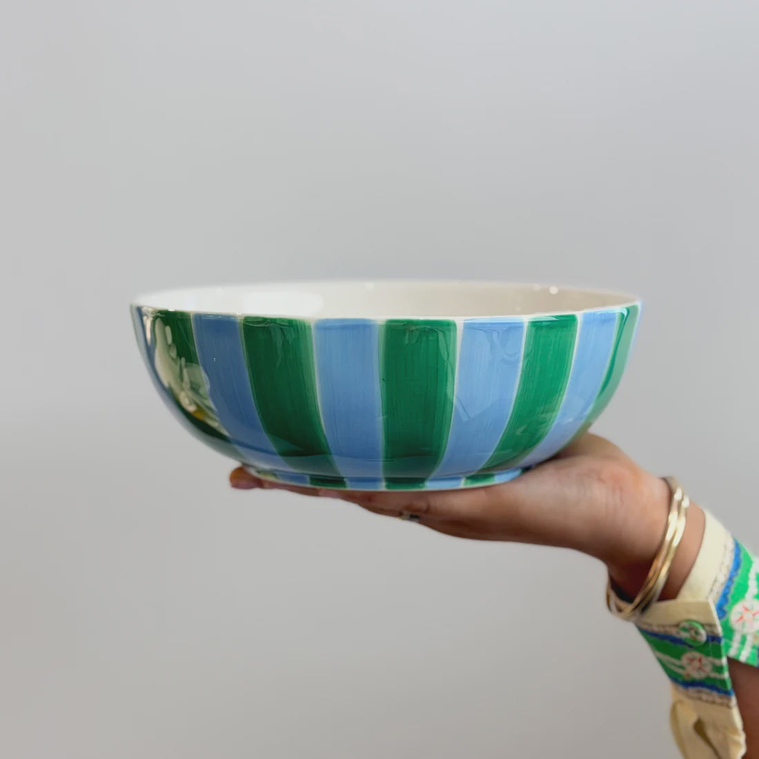 Ceramic Salad Bowl - Green & Cornflower Blue Stripe | Noss & Co