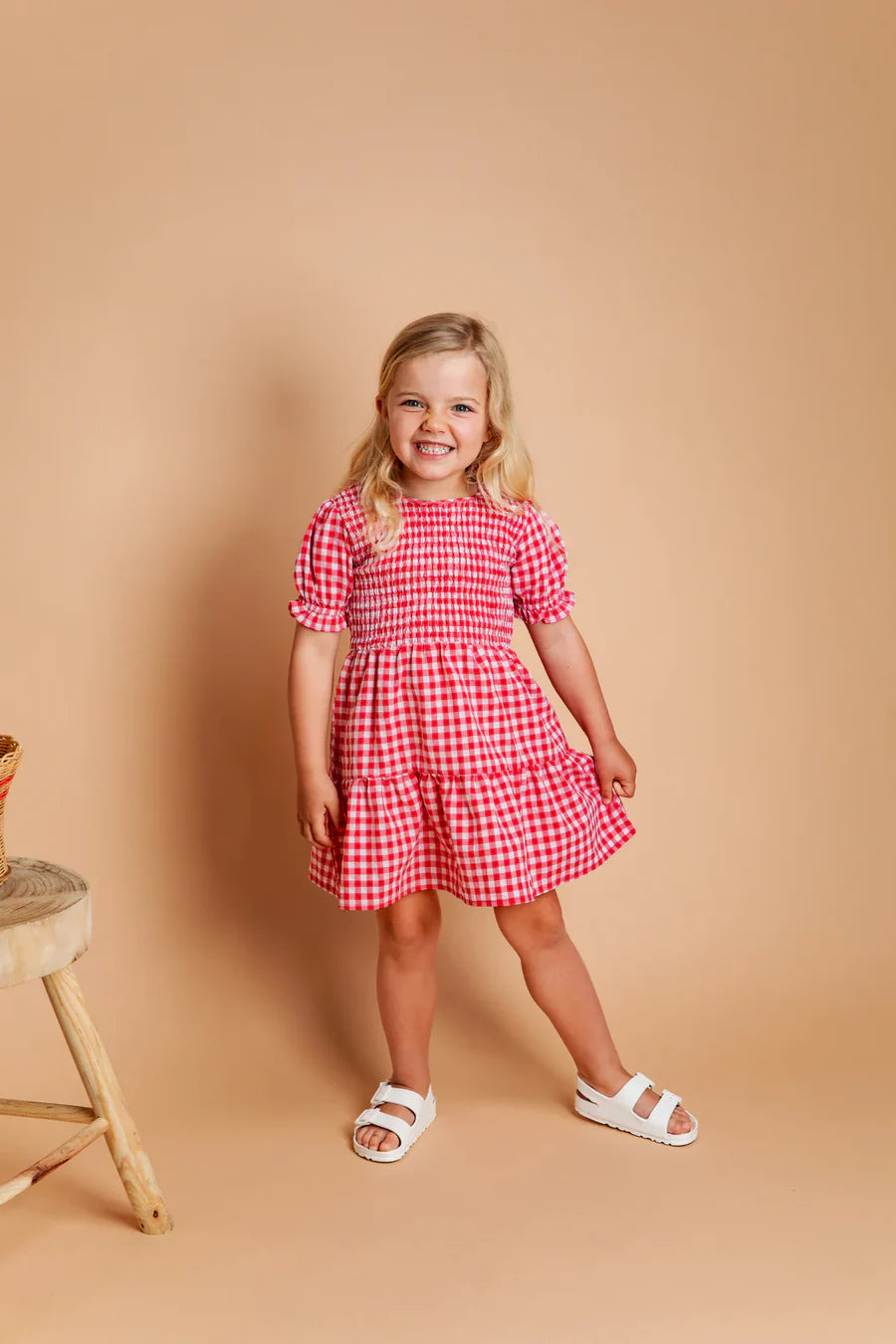 Elsa Gingham Shirred Dress - Red | Eve Girl