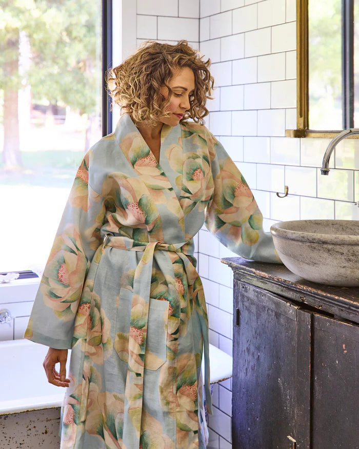 Big Beauty Floral Blue Linen Robe | Kip & Co