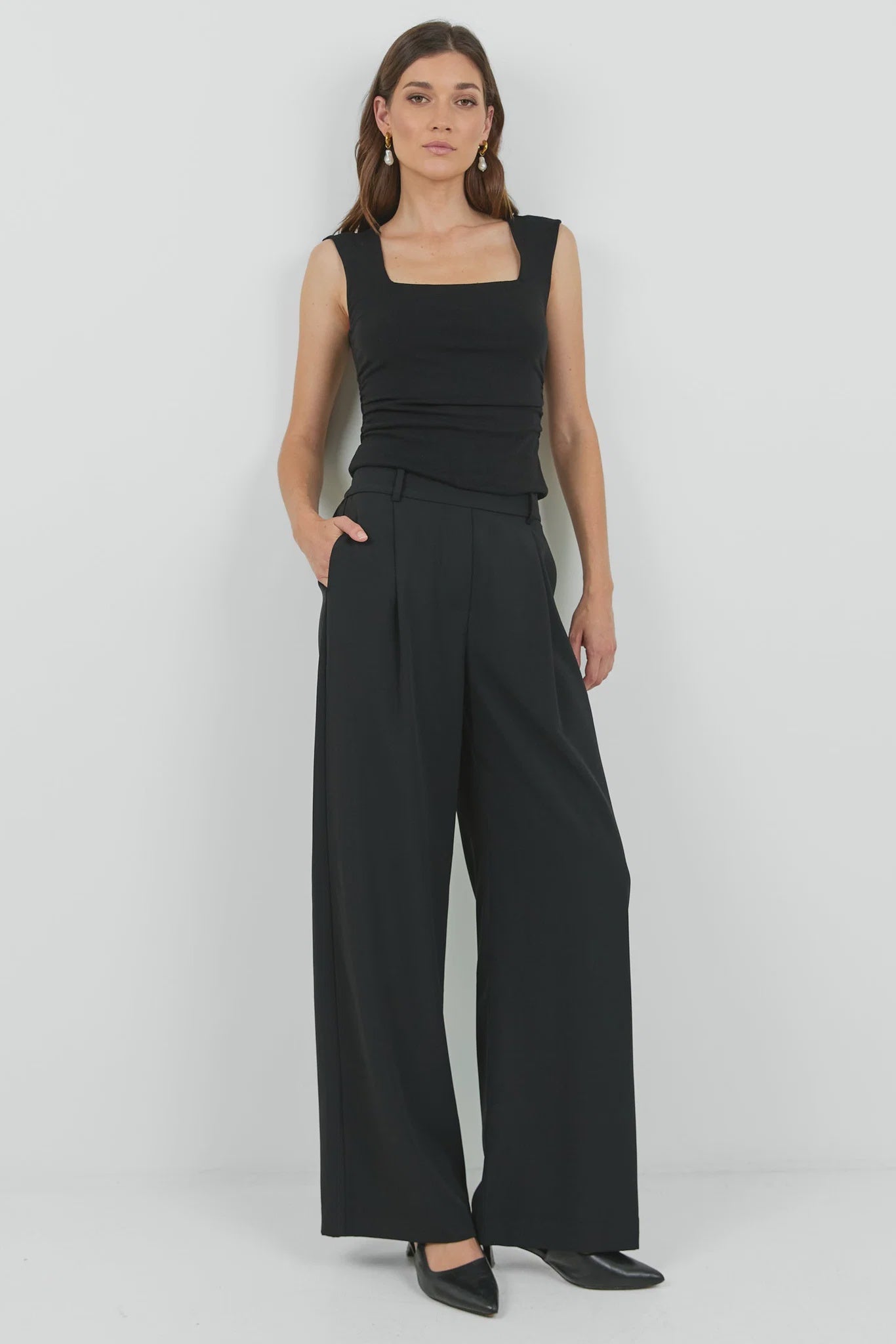 Business Black Wide Leg Pleat Front Pants | Among The Brave