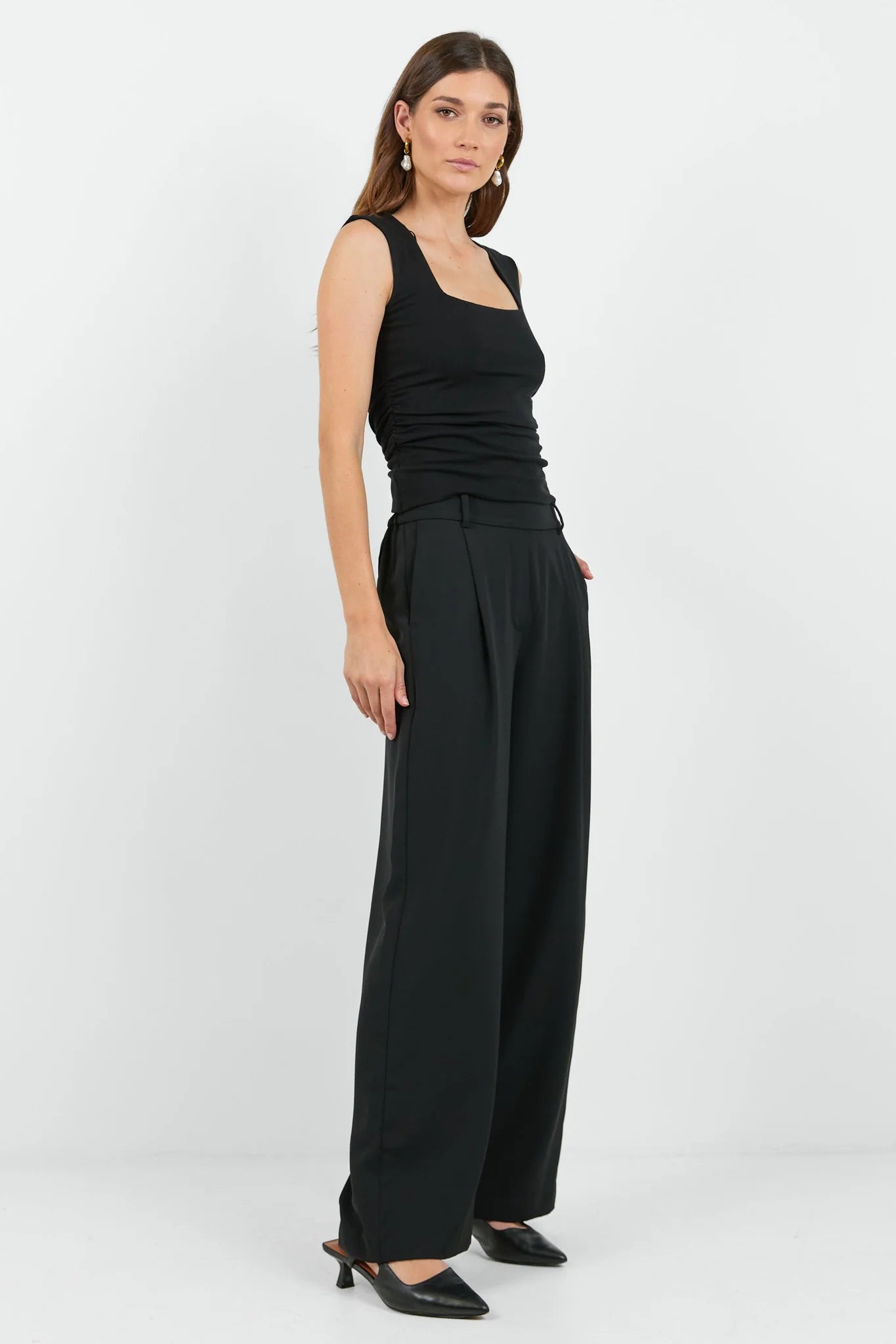 Business Black Wide Leg Pleat Front Pants | Among The Brave