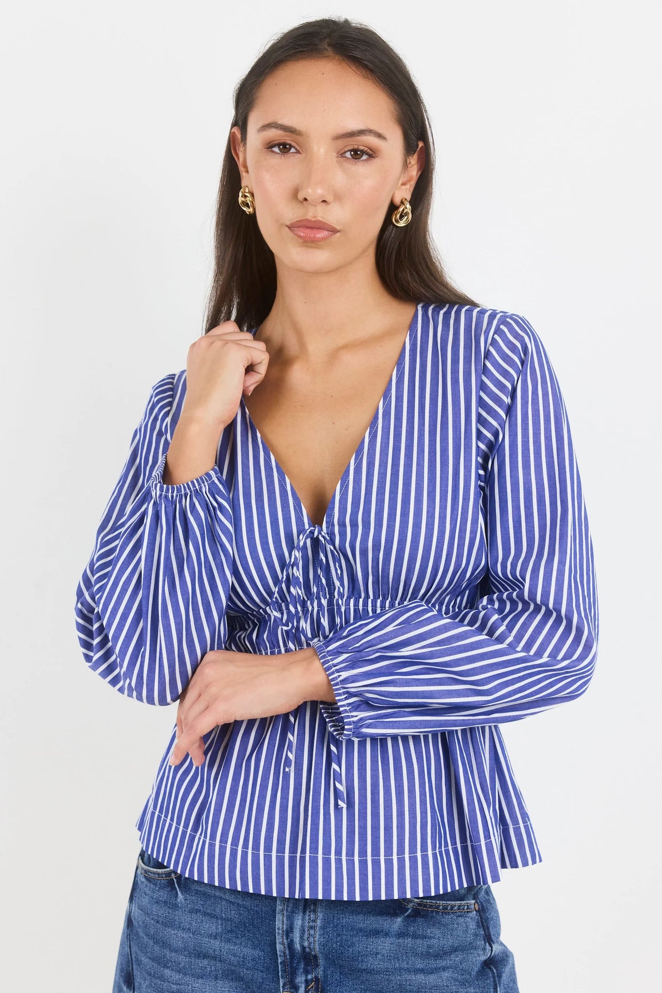 Belief Blue Stripe V Neck Fit and Flare Long Sleeve Top - Blue Stripe | Ivy + Jack