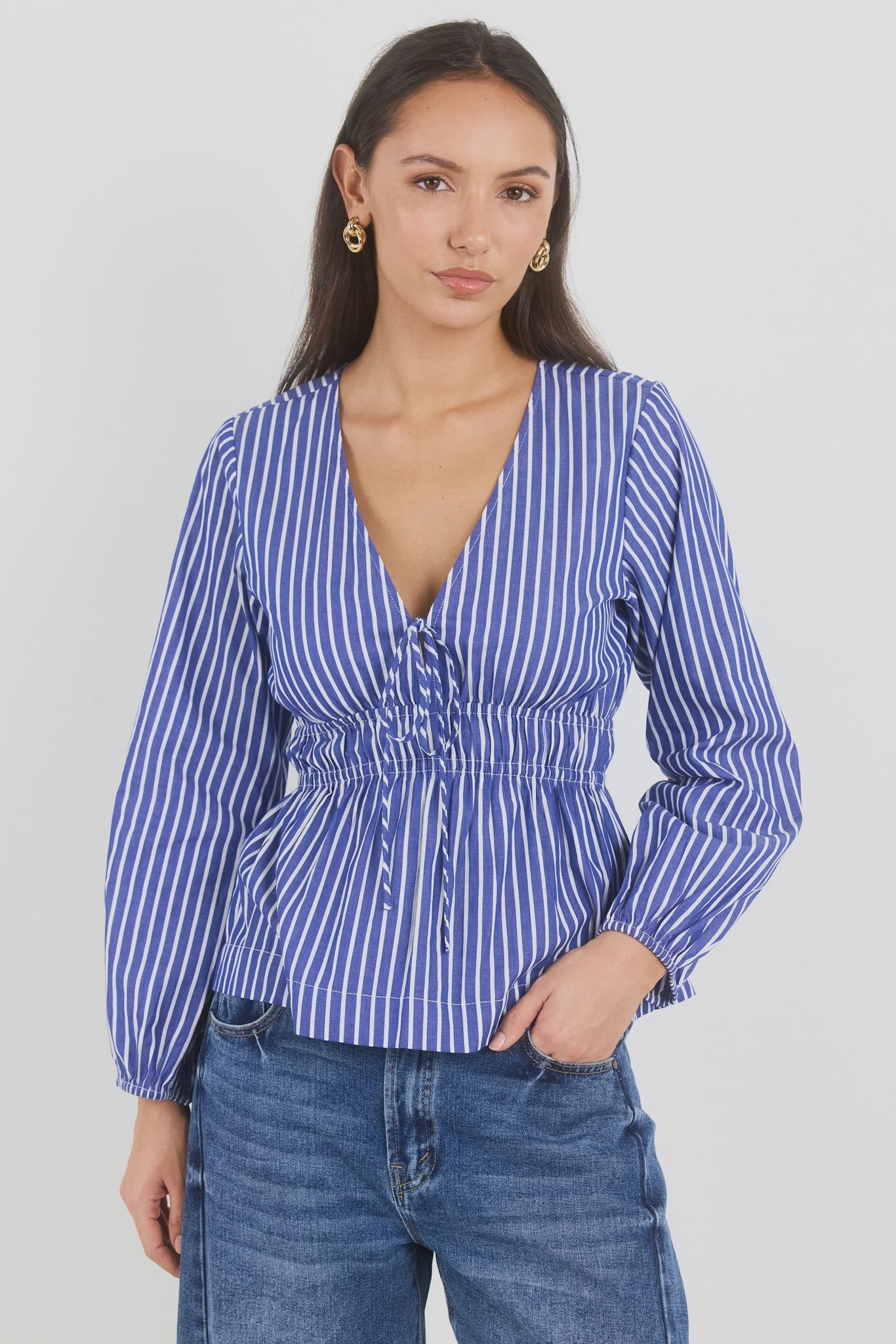 Belief Blue Stripe V Neck Fit and Flare Long Sleeve Top - Blue Stripe | Ivy + Jack
