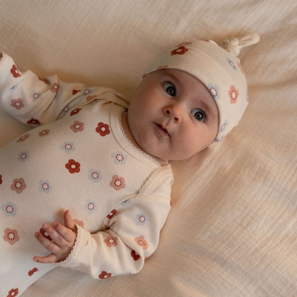 COTTON KNOTTED BEANIE - Petite Flora Stamp Print | Nature Baby