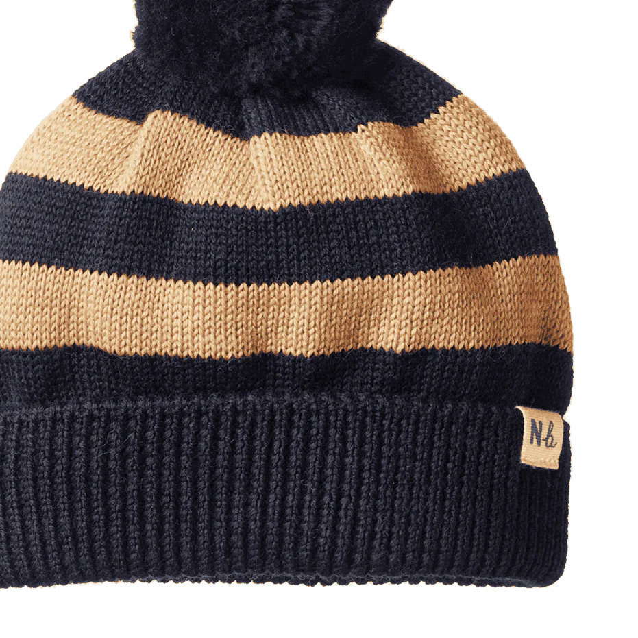 Alpine Pom Pom Beanie - Navy/Caramel Stripe | Nature Baby