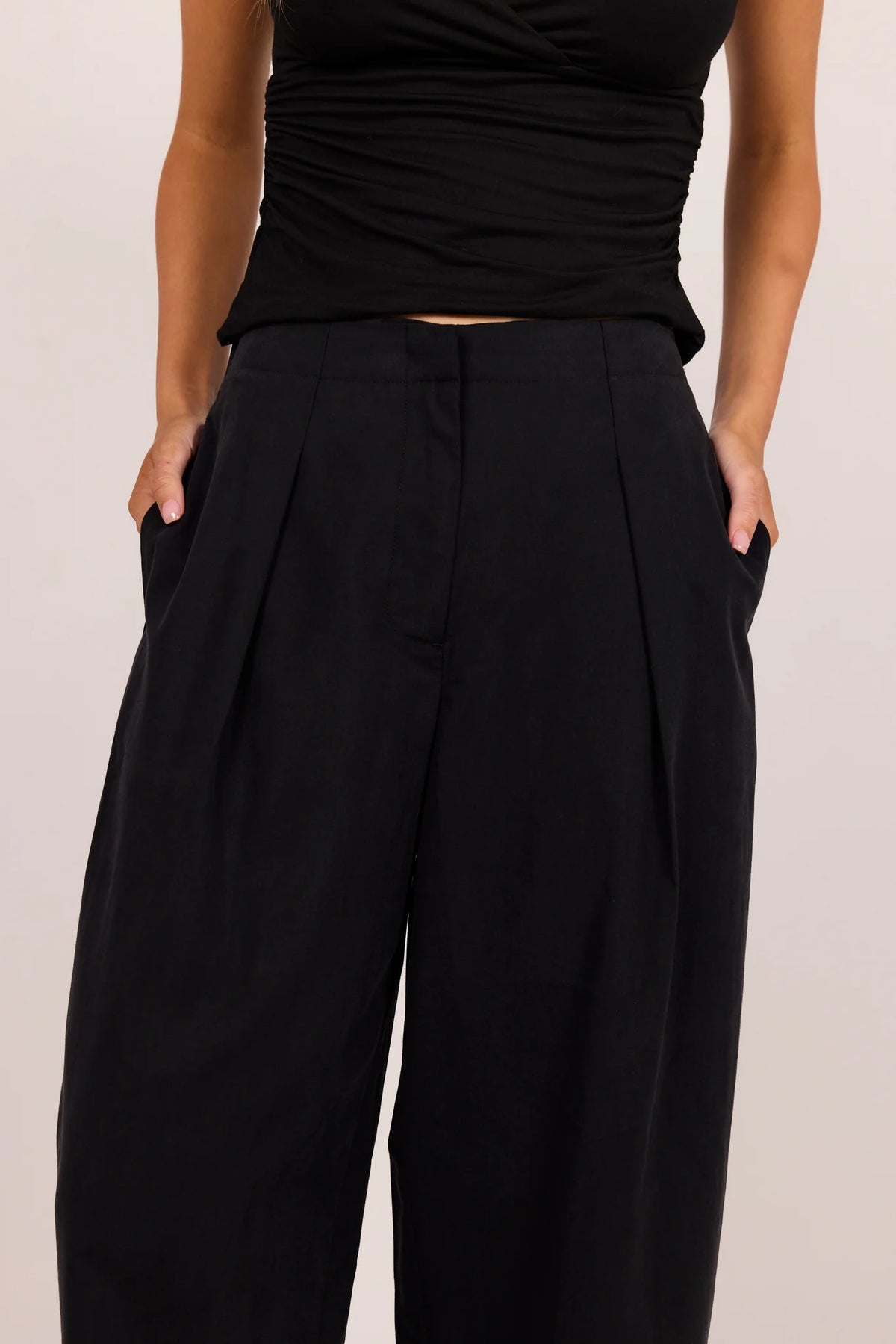 Manifesto Black Front Pleat Barrel Leg Pants | Stories Be Told