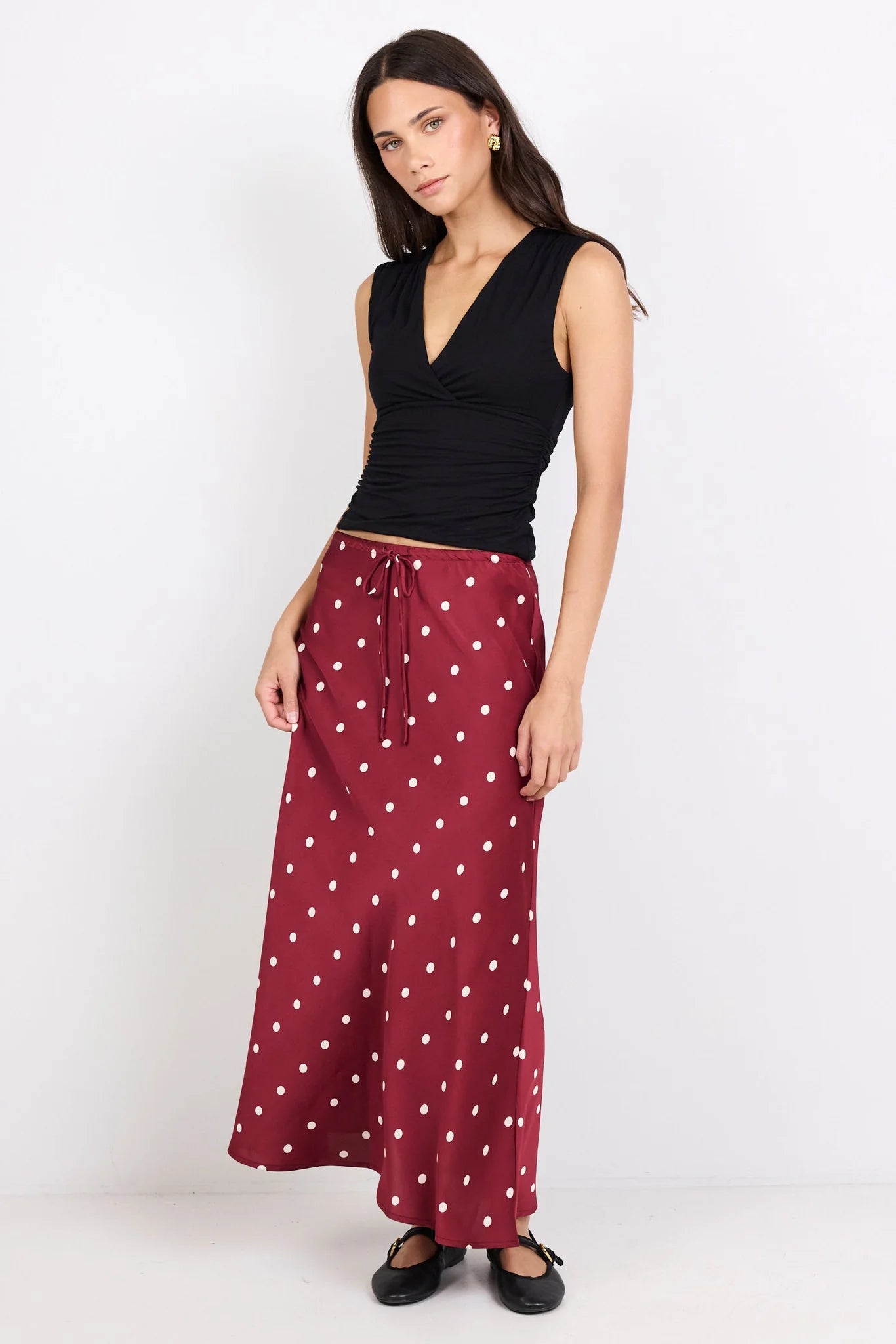Rarity Wine Cream Polka Dot Satin Tie Waist Bias Maxi Skirt | Stories Be Told