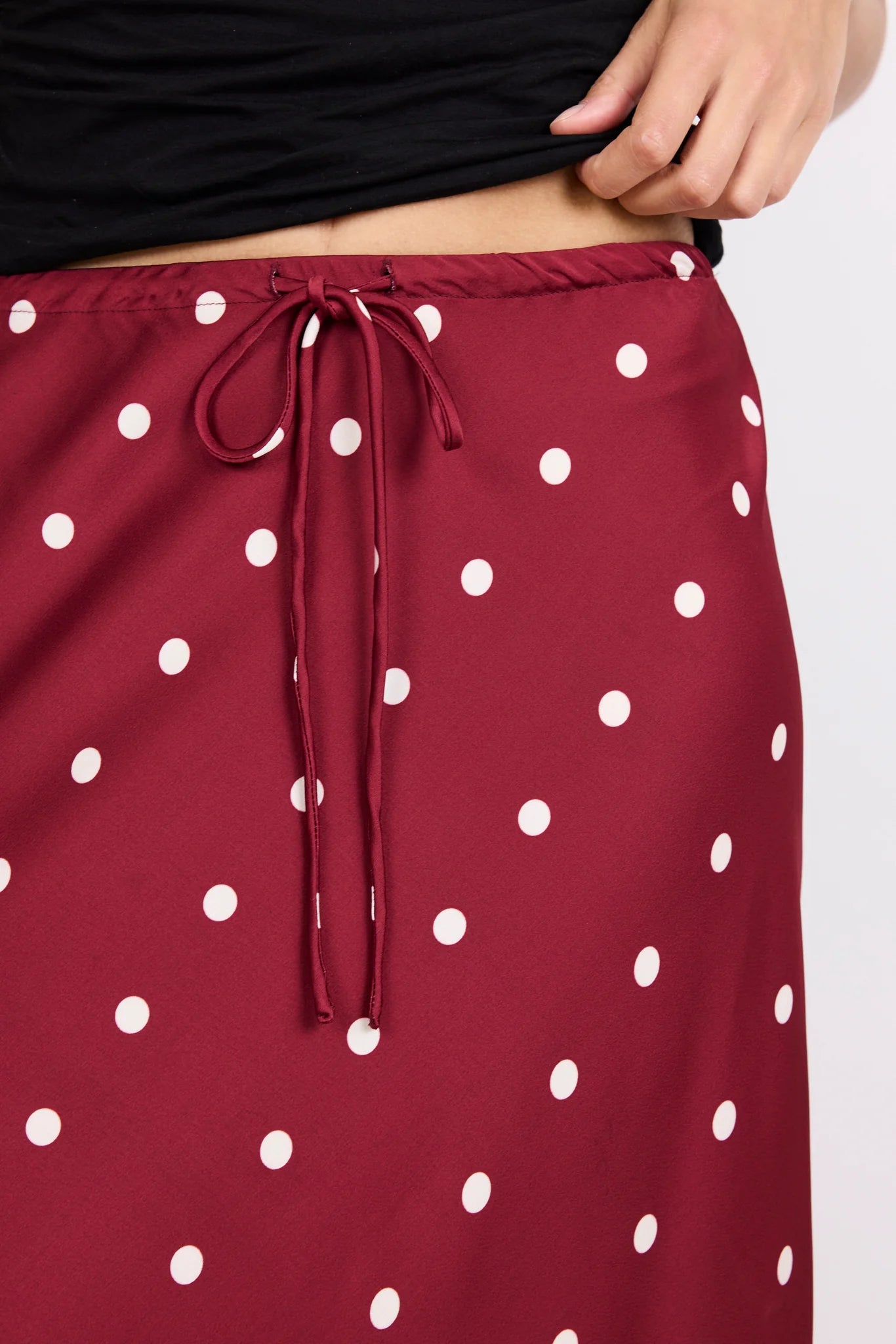 Rarity Wine Cream Polka Dot Satin Tie Waist Bias Maxi Skirt | Stories Be Told