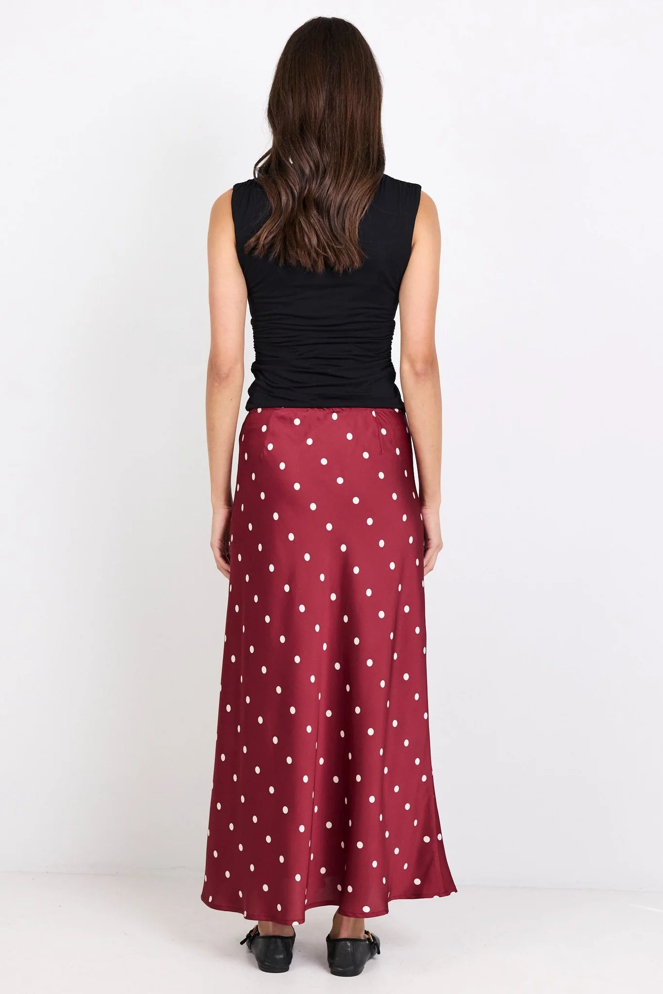Rarity Wine Cream Polka Dot Satin Tie Waist Bias Maxi Skirt | Stories Be Told