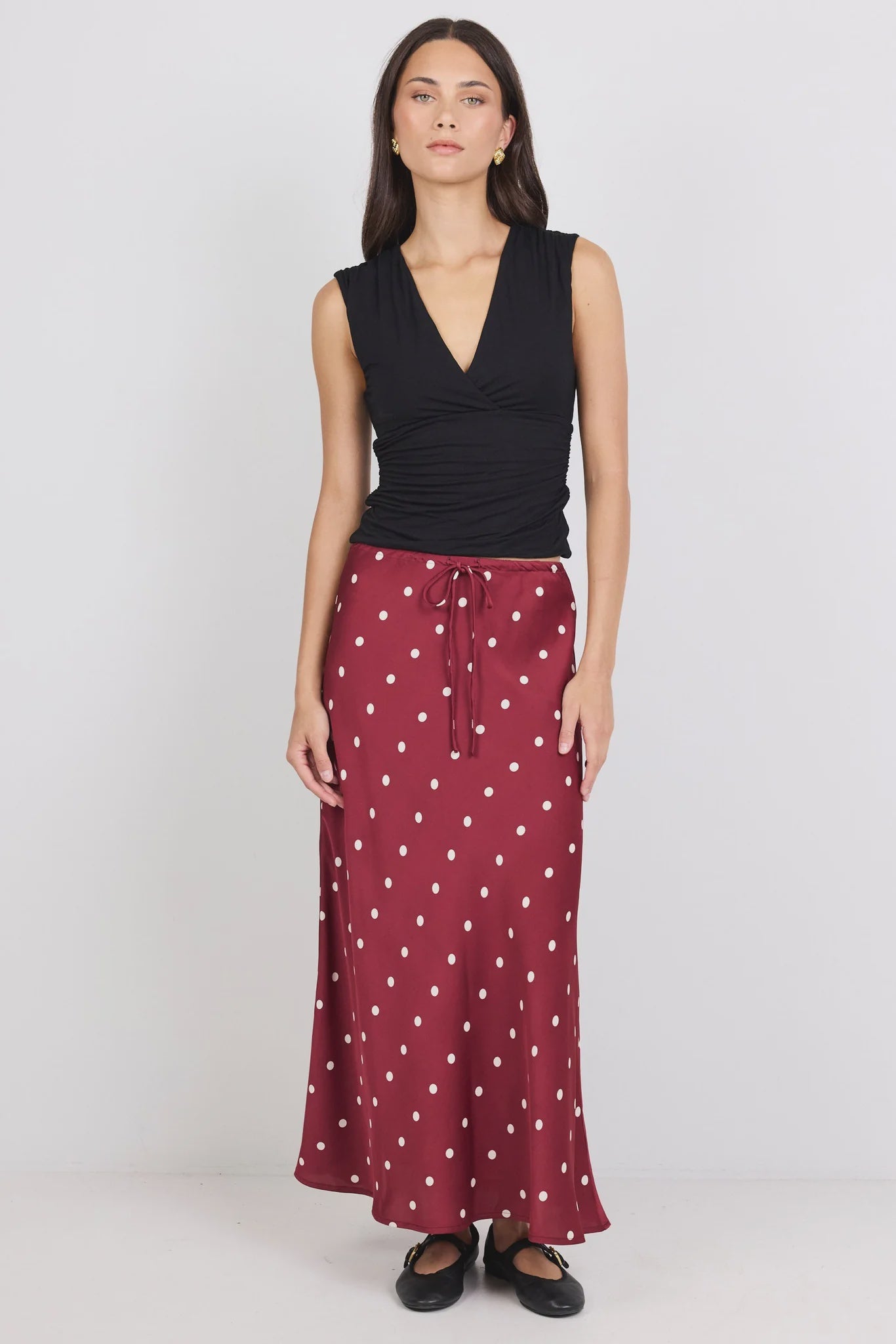 Rarity Wine Cream Polka Dot Satin Tie Waist Bias Maxi Skirt | Stories Be Told