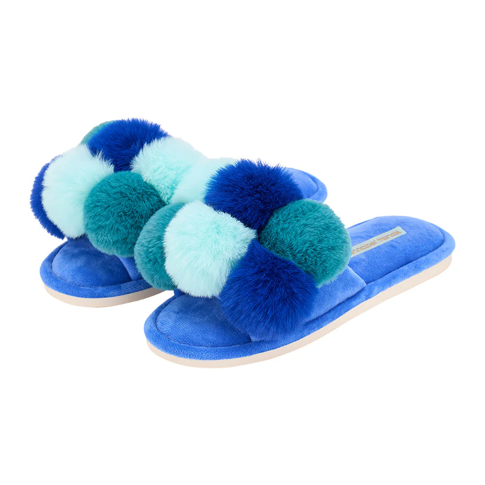 COSY LUXE Slippers - Pom Pom - Multi Blue | Annabel Trends