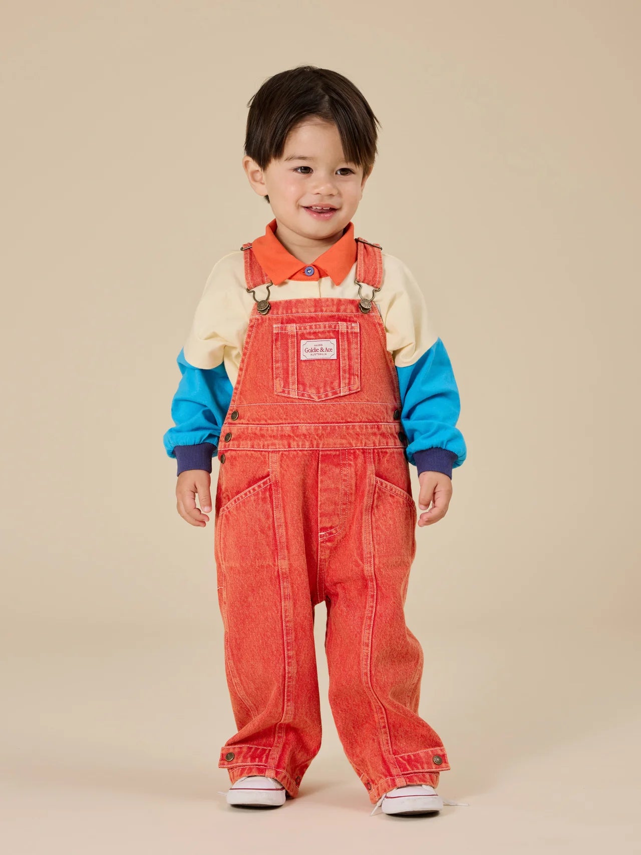 Blake Vintage Washed Denim Overalls || Apple Red | Goldie and Ace