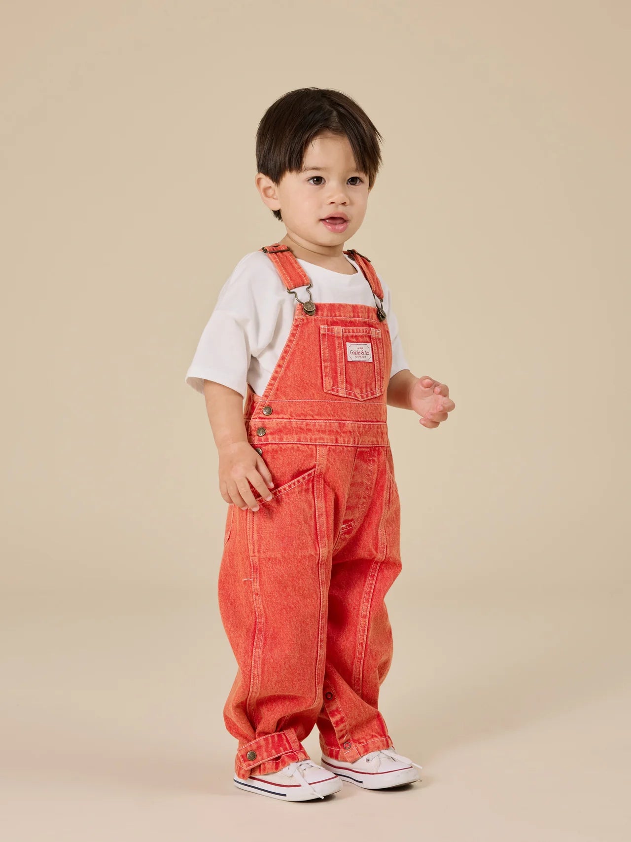 Blake Vintage Washed Denim Overalls || Apple Red | Goldie and Ace