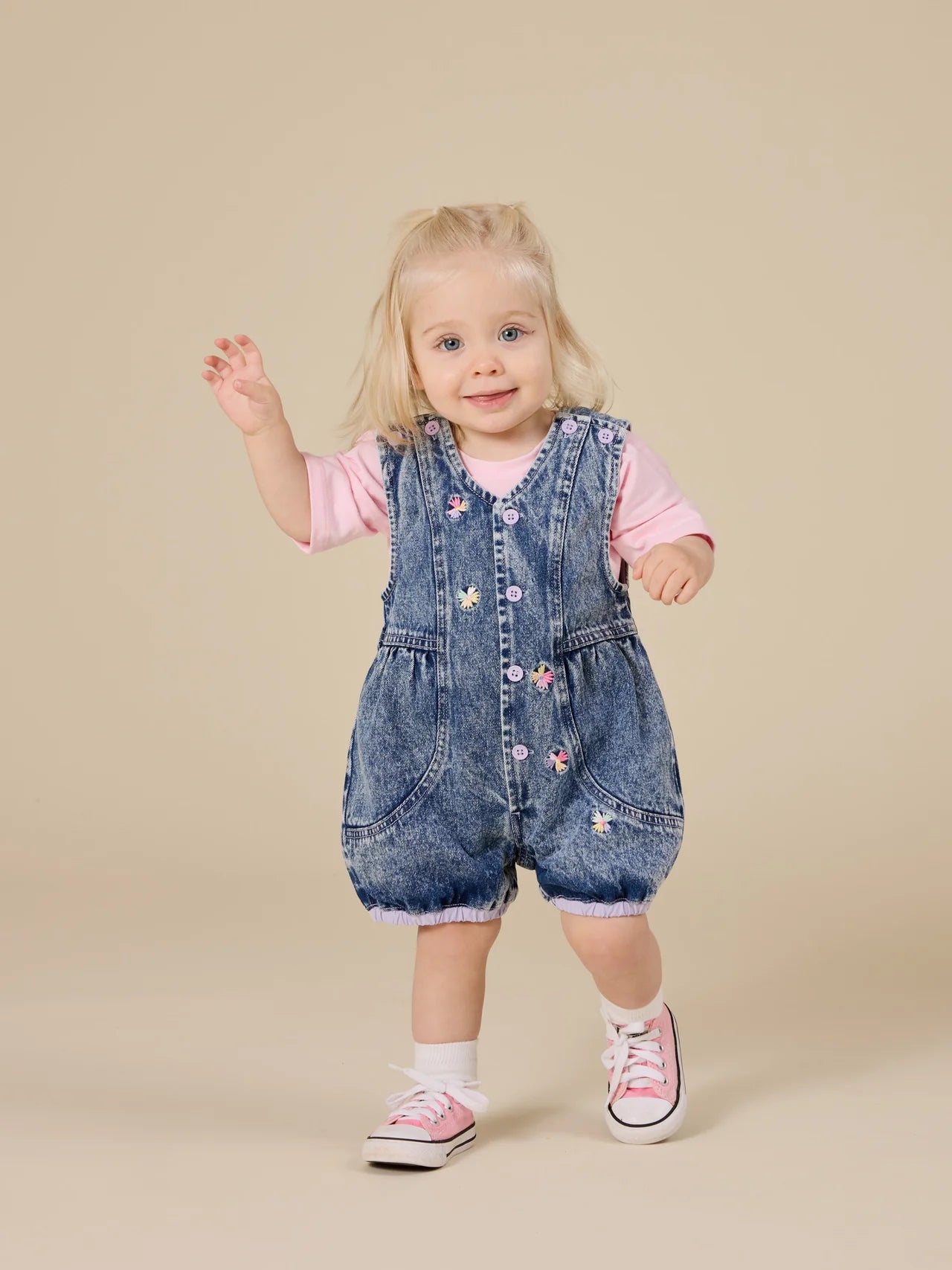 Nina Pastel Petals Denim Romper | Goldie and Ace