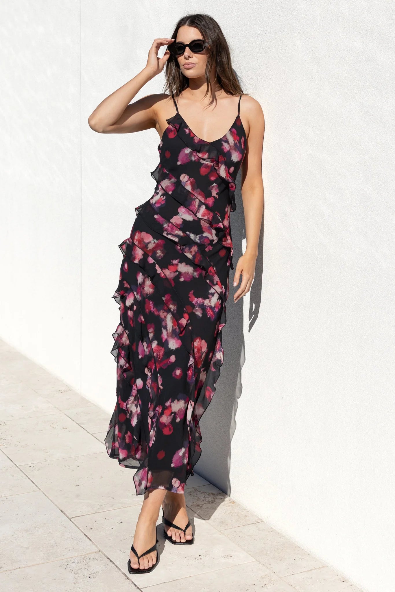 Galore Black Pink Abstract Print Bias Ruffle Slip Maxi Dress / Black Pink Abstract Print | Georgia Zoe