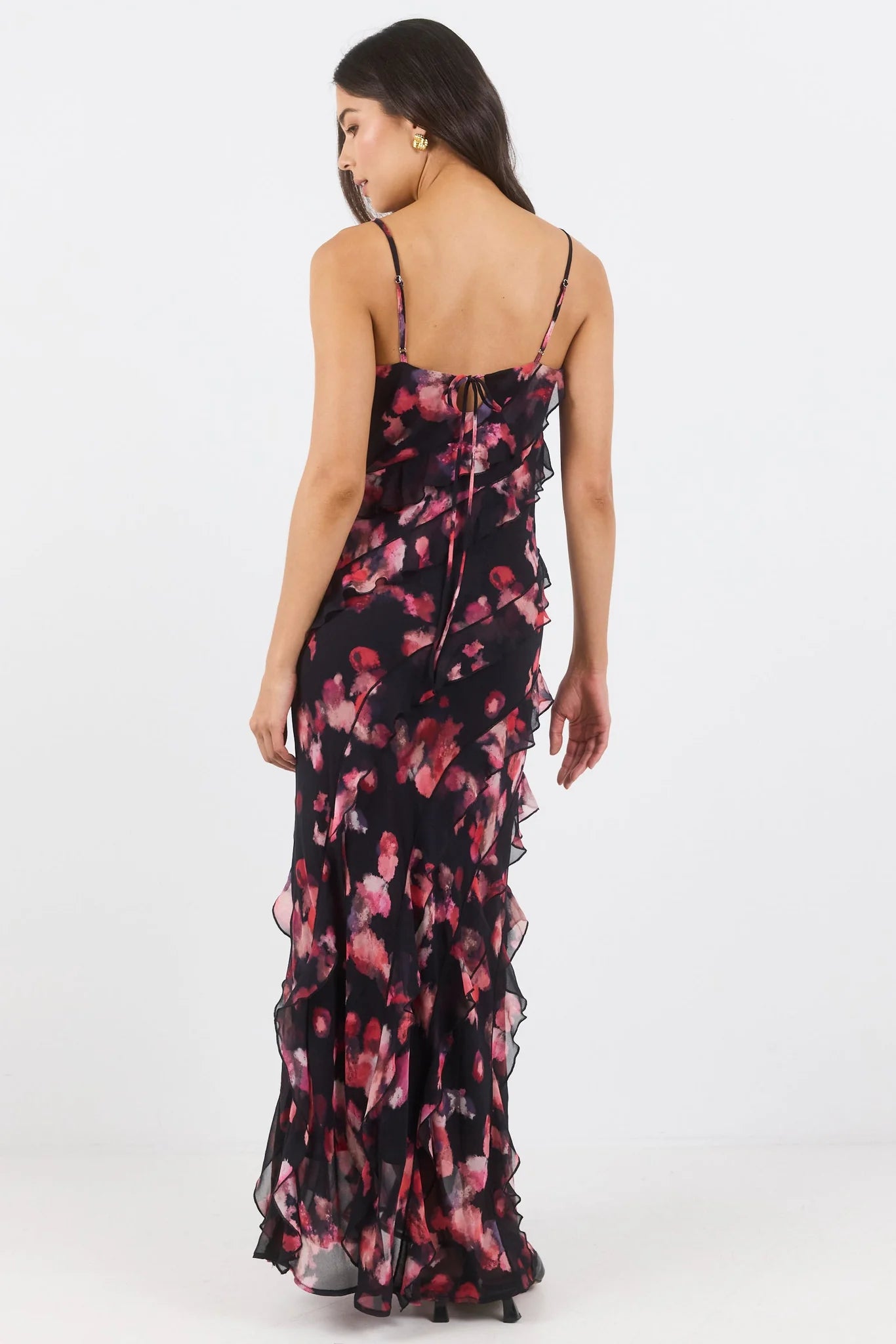 Galore Black Pink Abstract Print Bias Ruffle Slip Maxi Dress / Black Pink Abstract Print | Georgia Zoe