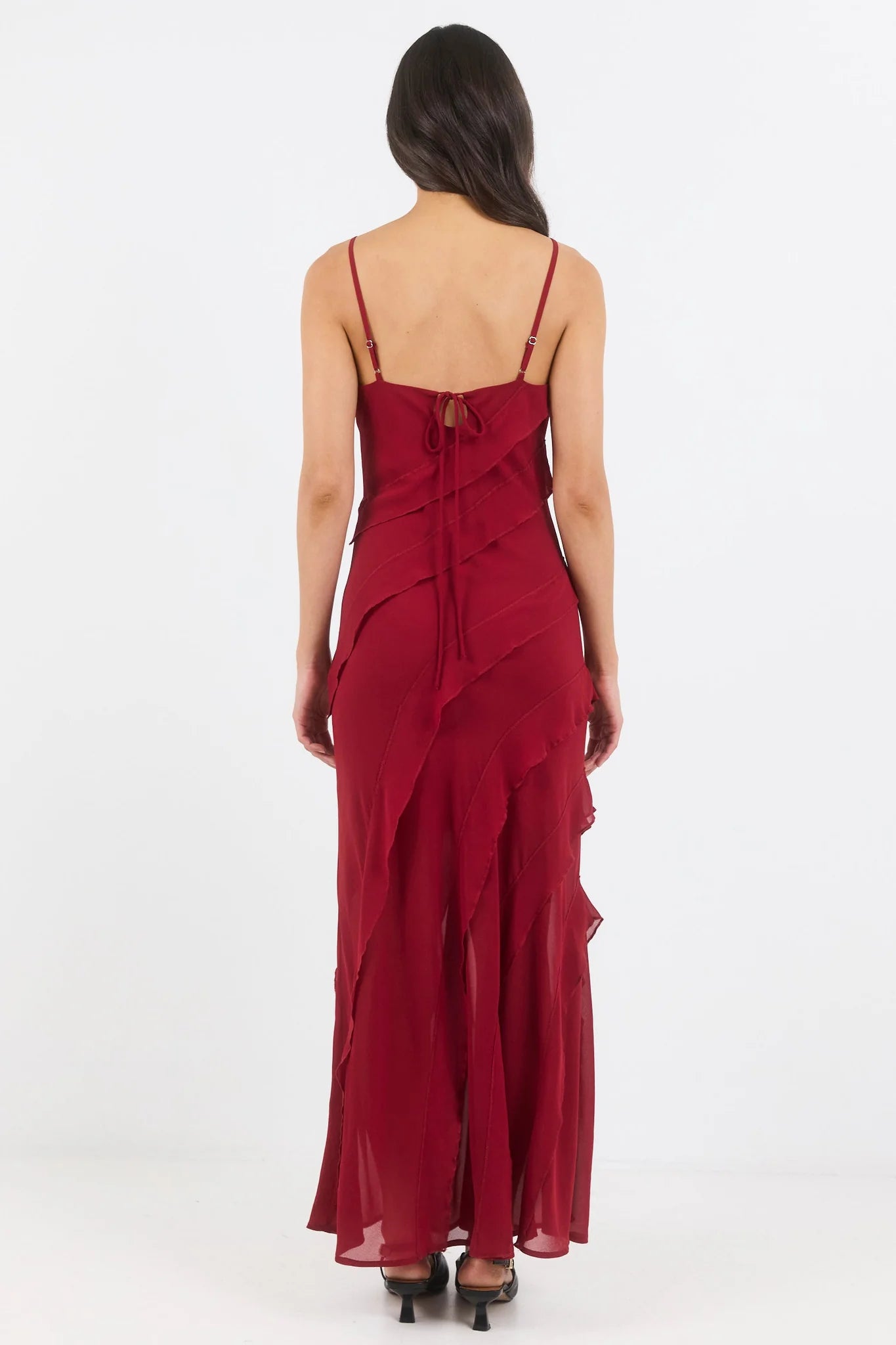 Galore Dark Red Georgette Bias Ruffle Slip Maxi Dress / Dark Red | Georgia Zoe