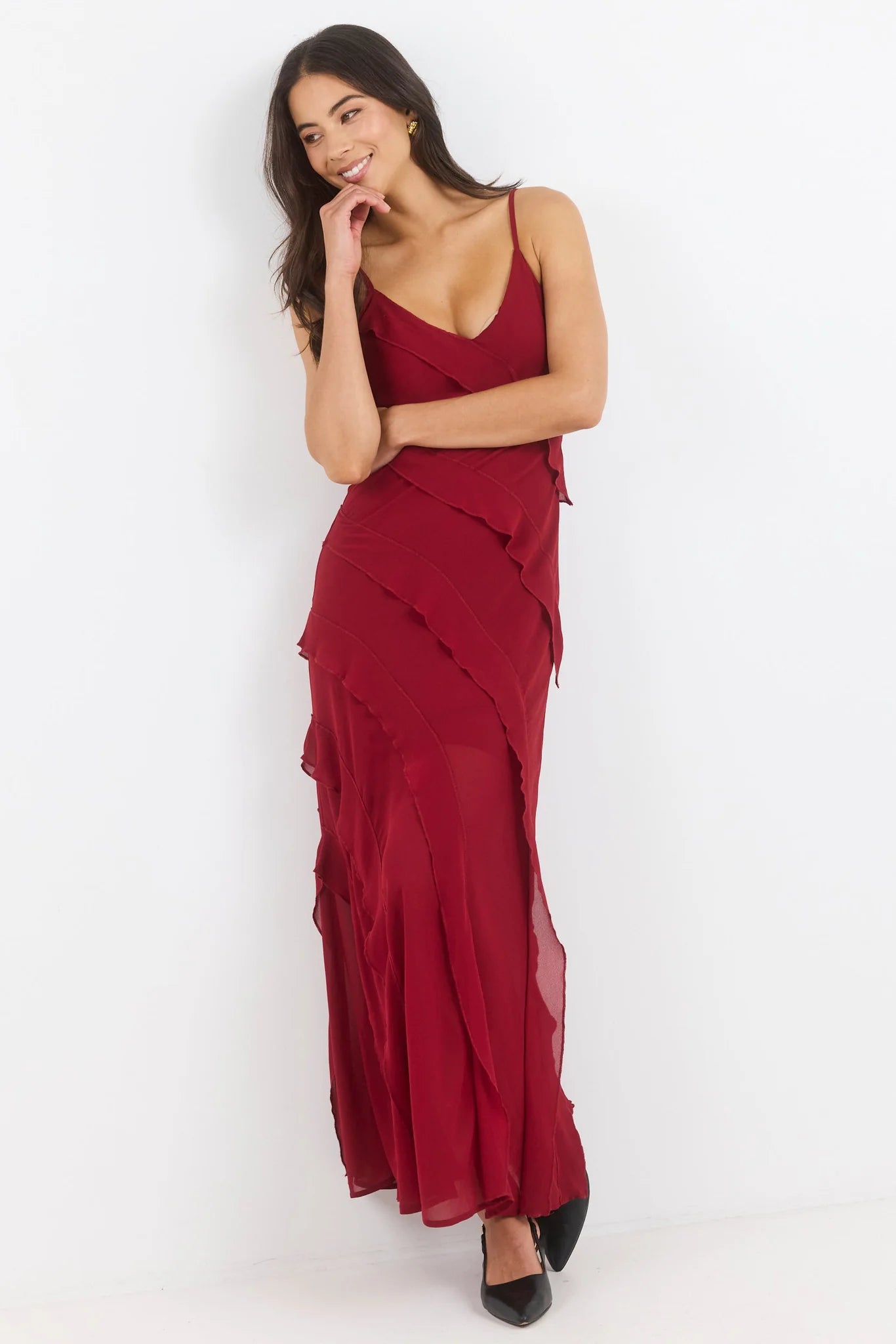 Galore Dark Red Georgette Bias Ruffle Slip Maxi Dress / Dark Red | Georgia Zoe