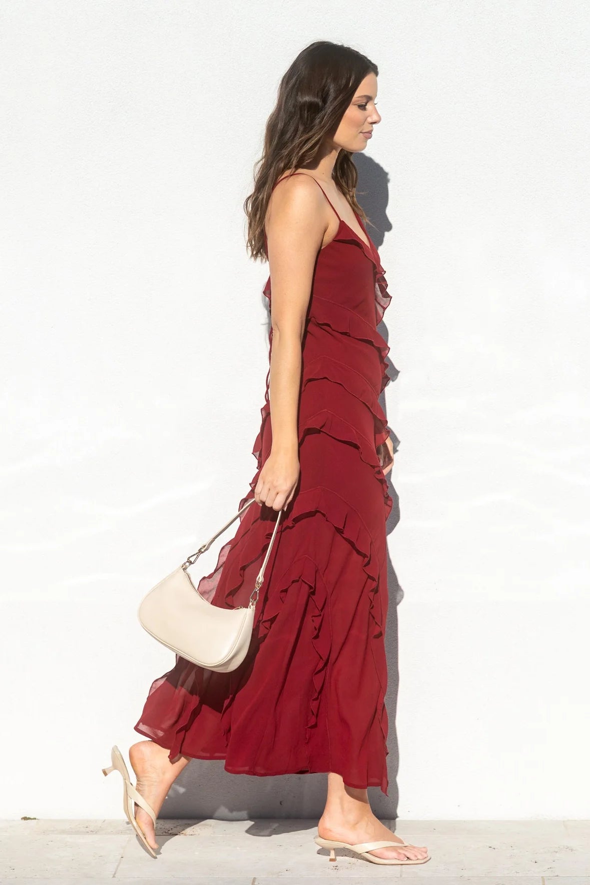 Galore Dark Red Georgette Bias Ruffle Slip Maxi Dress / Dark Red | Georgia Zoe