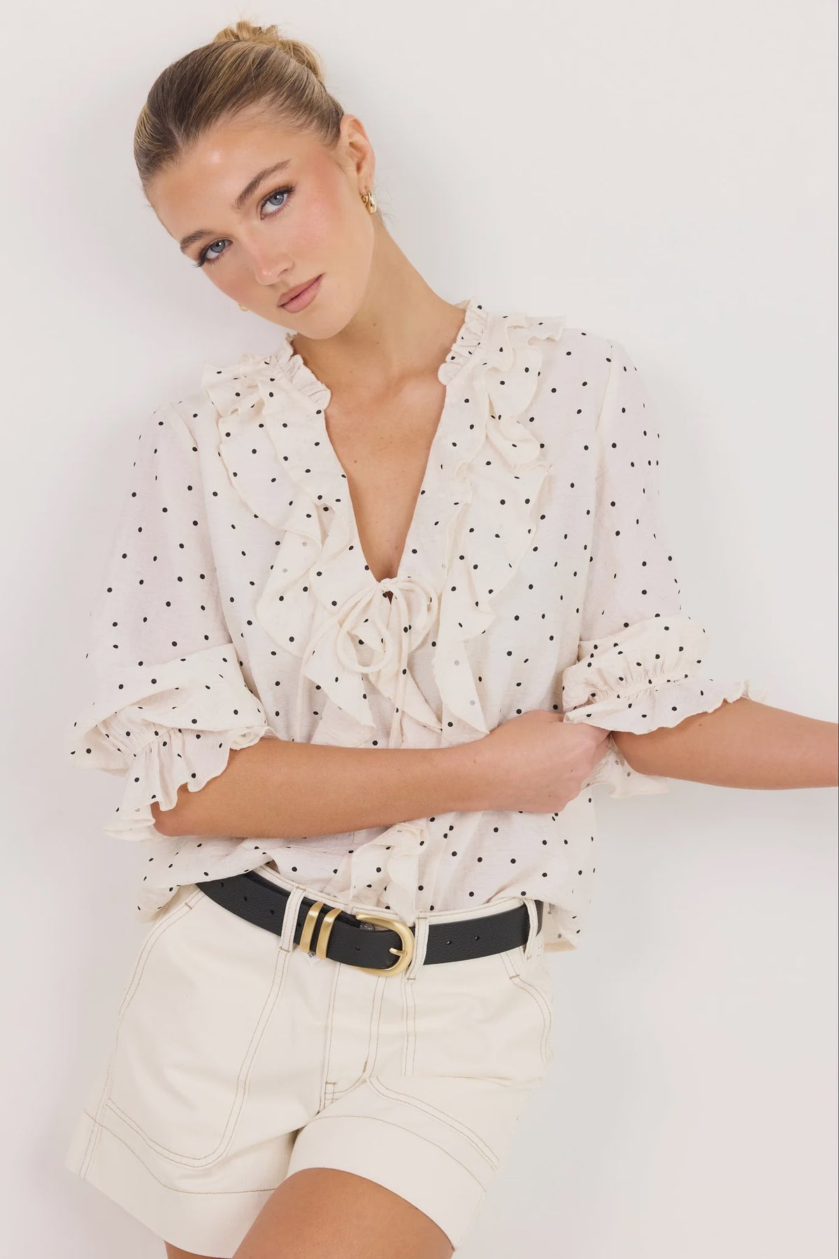 Garnish Cream Black Polka Dot Frill Front Mid Sleeve Top | Ivy + Jack
