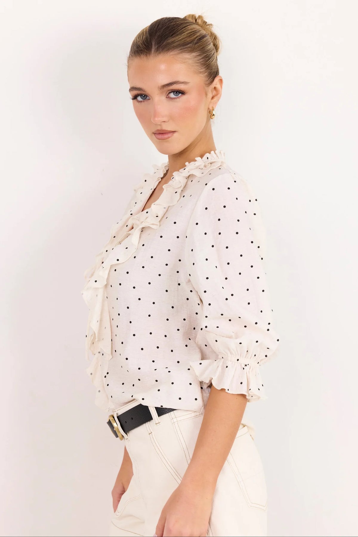 Garnish Cream Black Polka Dot Frill Front Mid Sleeve Top | Ivy + Jack