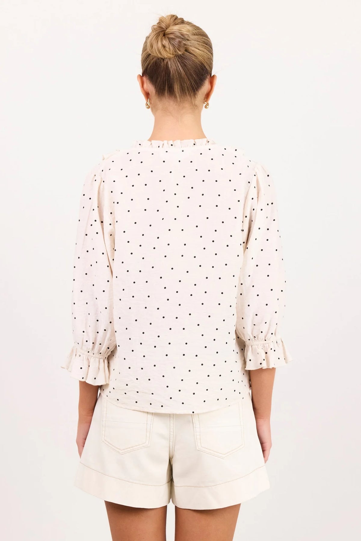 Garnish Cream Black Polka Dot Frill Front Mid Sleeve Top | Ivy + Jack
