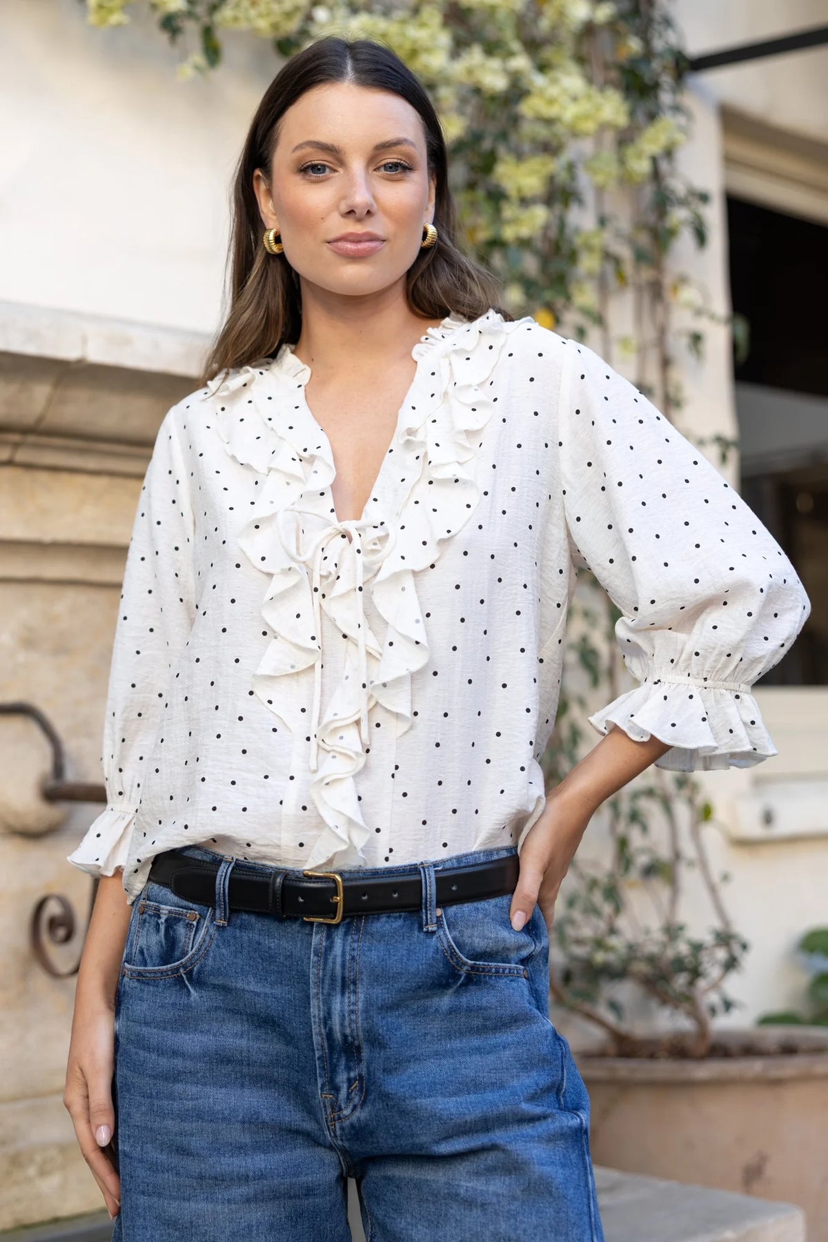 Garnish Cream Black Polka Dot Frill Front Mid Sleeve Top | Ivy + Jack