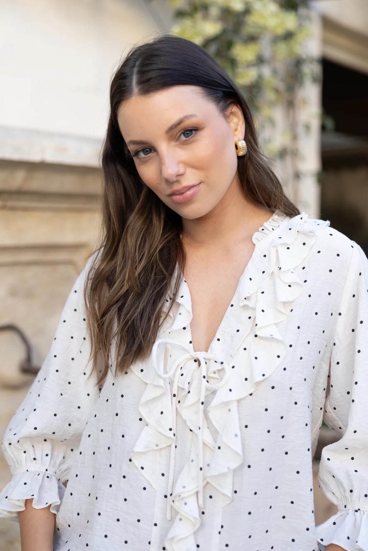 Garnish Cream Black Polka Dot Frill Front Mid Sleeve Top | Ivy + Jack