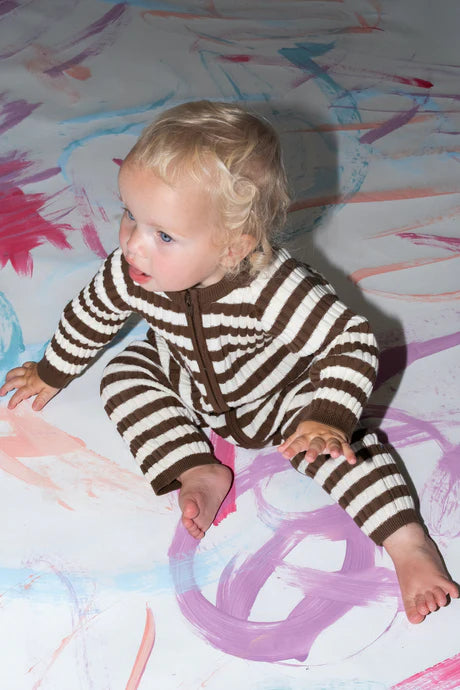 Organic Rib Stripe Knit Zipper Jumpsuit - Espresso & Milk | Grown