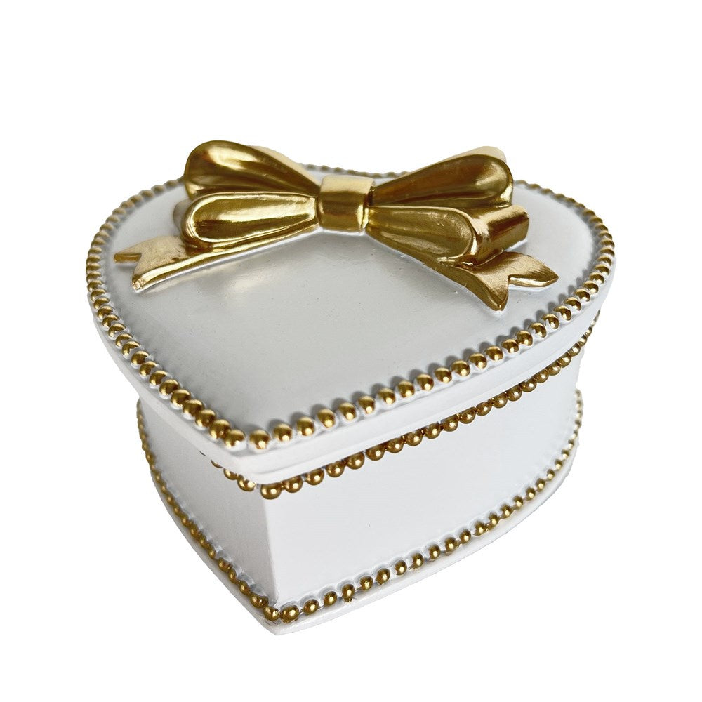 Heart Shape White & Gold Bow Trinket Box | Linens & More
