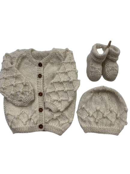 3-6M Cream Alpaca Cardigan + Hat + Booties Set | Ida & Ish