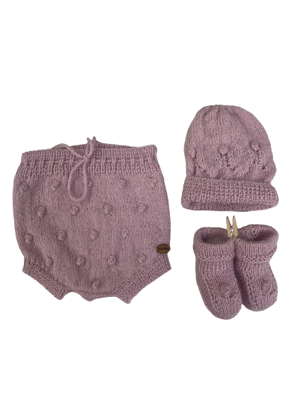 0-3M Pink Alpaca Bloomers + Hat + Booties Set | Ida & Ish