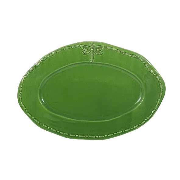 Dragonfly Stoneware Green Oval Platter Small | French Country
