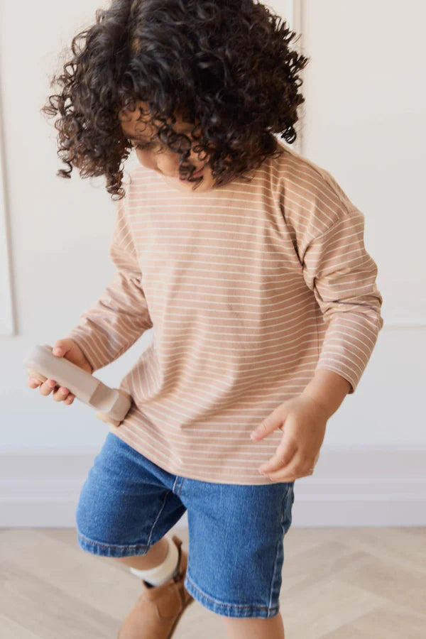 Organic Cotton Levi Long Sleeve Top - Daily Stripe Pale Terracotta/Buff | Jamie Kay