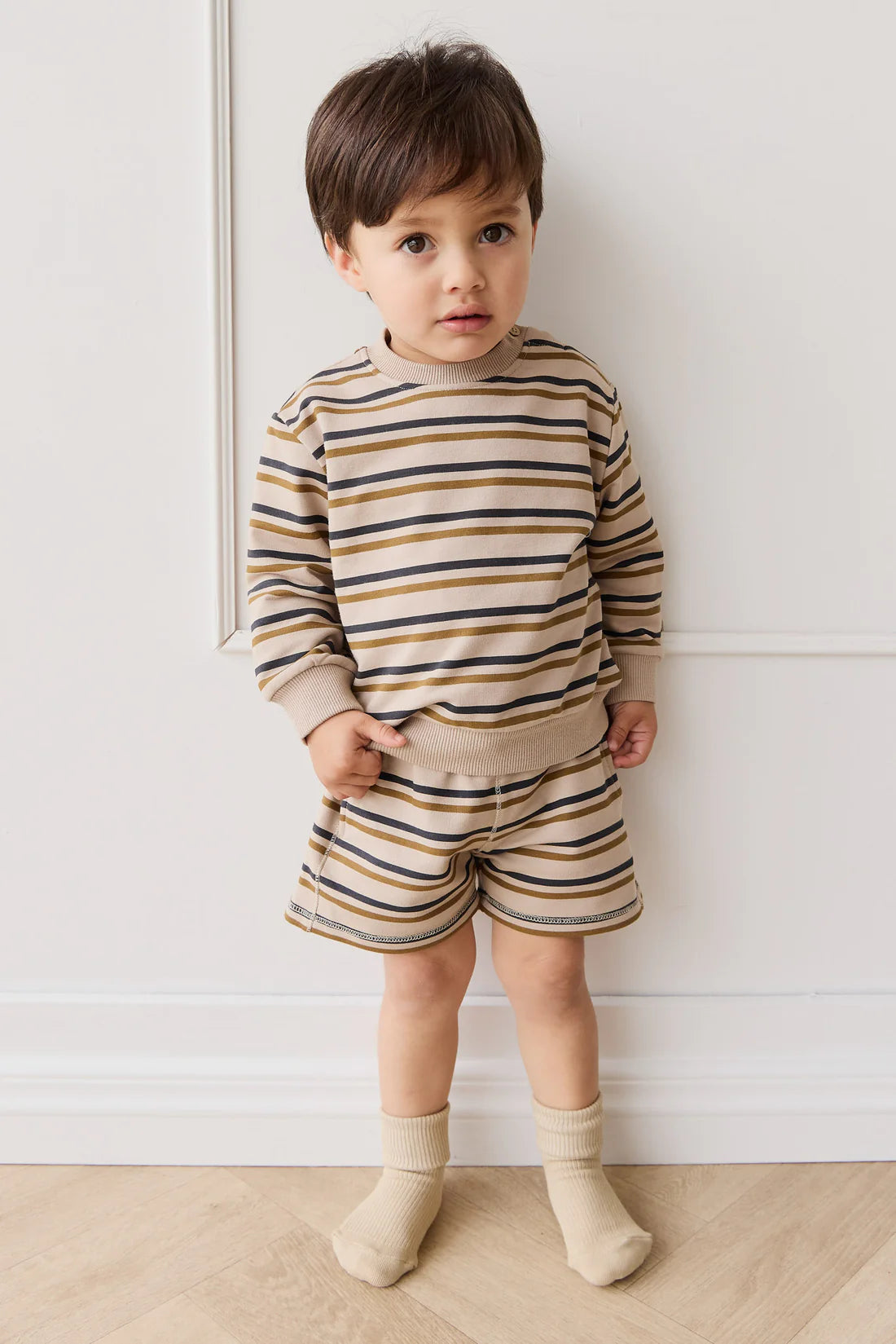 Organic Cotton Jalen Short - Raynor Stripe Pale Khaki | Jamie Kay