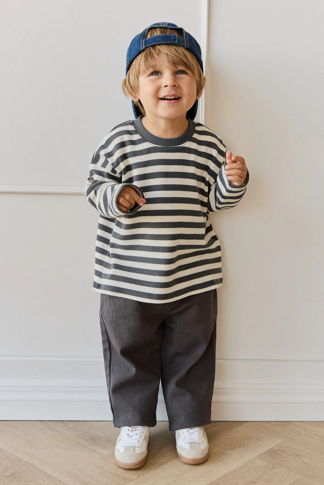 Organic Cotton Waffle Leith Long Sleeve Top - Oliver Stripe Atlantic/Cloud | Jamie Kay