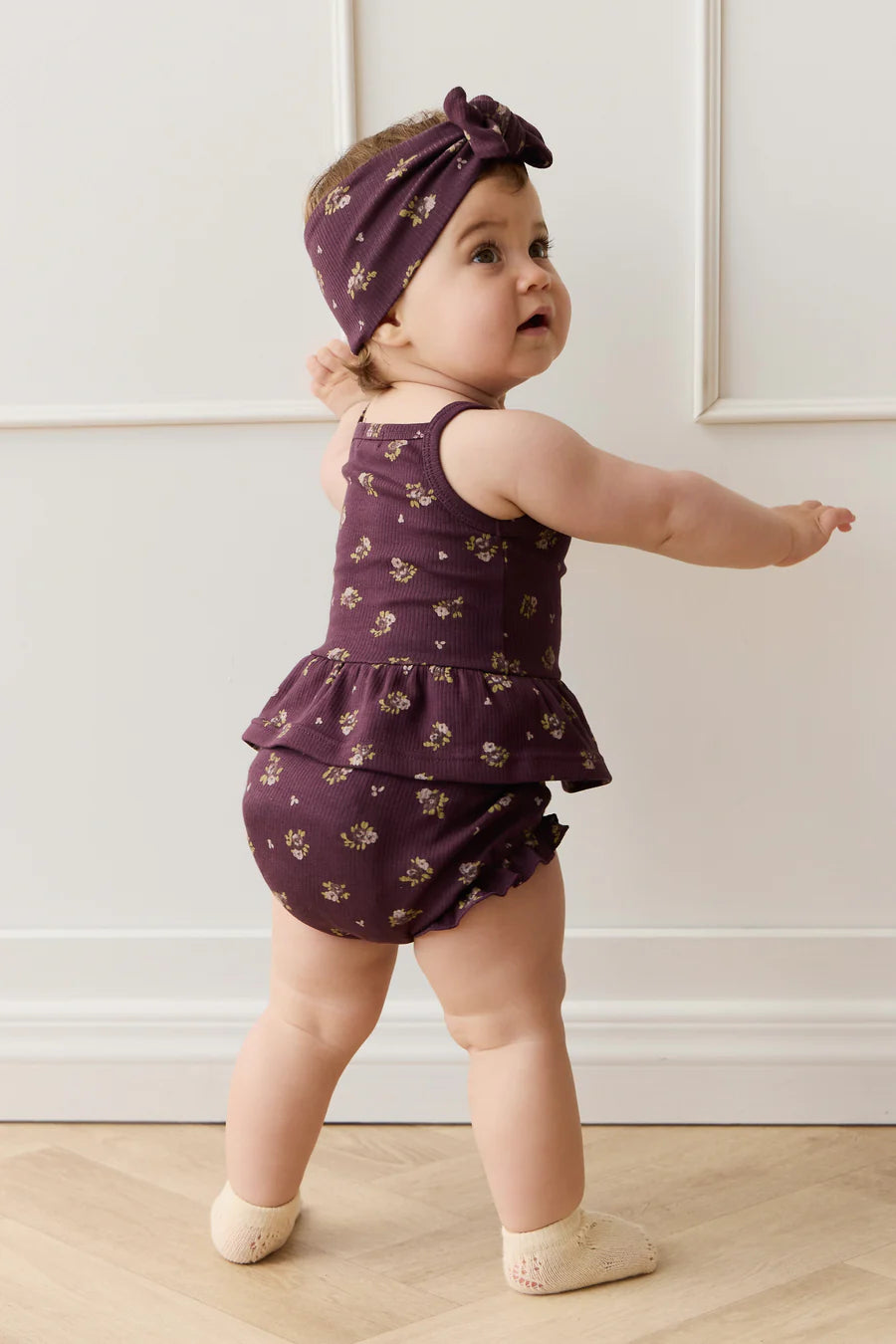 Organic Cotton Fine Rib Frill Bloomer - Petite Fleur Lava Smoke | Jamie Kay