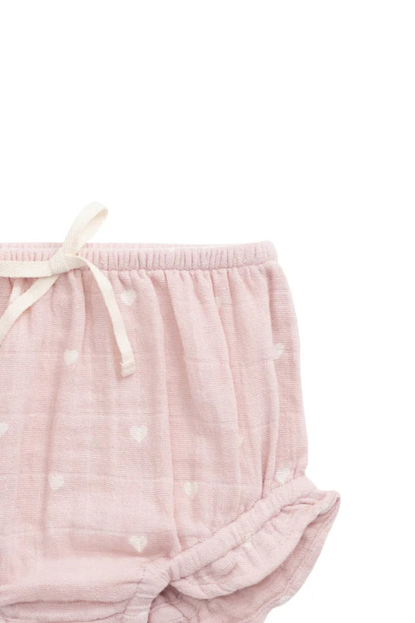 Organic Cotton Muslin Frill Bloomer - Petite Heart Old Rose  | Jamie Kay