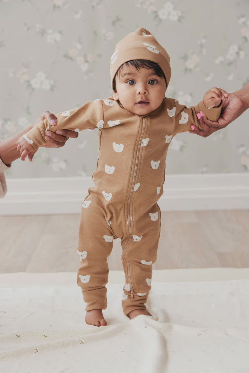 Organic Cotton Reese Zip Onepiece - Bears Caramel Cream | Jamie Kay