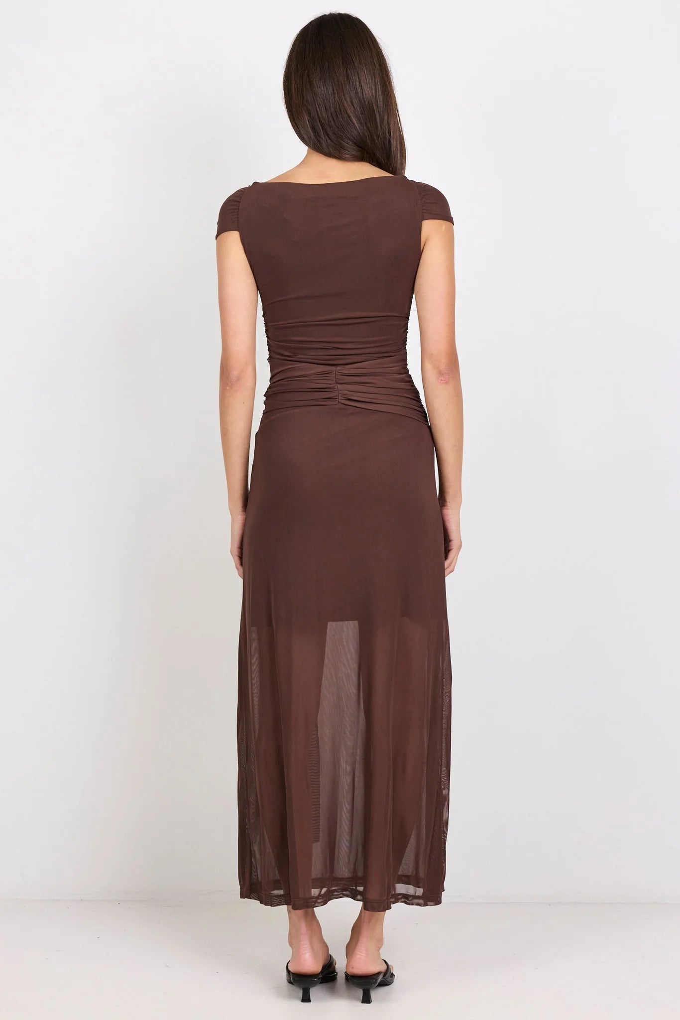 Monarch Chocolate Mesh Off Shoulder Maxi Dress | Georgia Zoe
