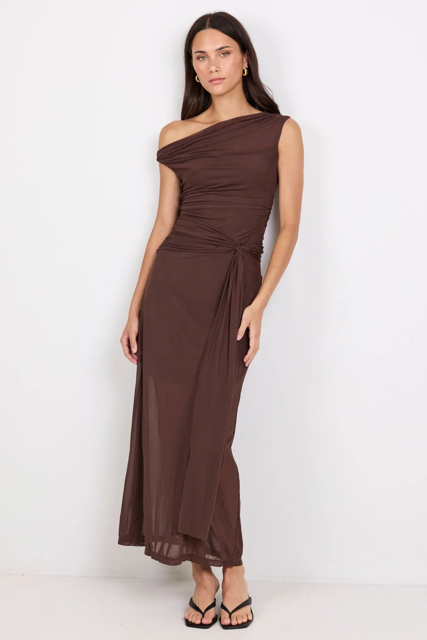 Monarch Chocolate Mesh Off Shoulder Maxi Dress | Georgia Zoe